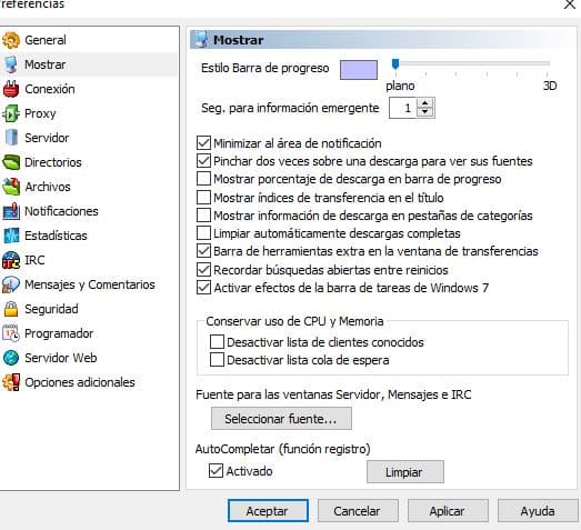 configurando emule en la preferencia