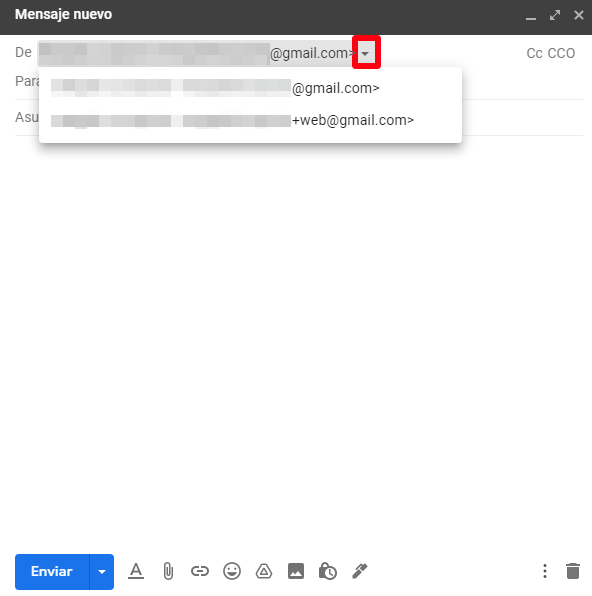 Seleccionando correo saliente en Gmail